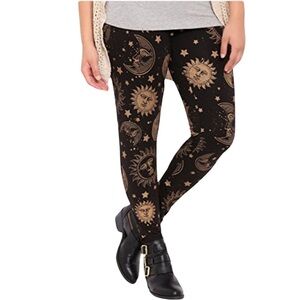 Deb Astrology Leggings Sun Moon Stars Boho Witchy Black and Gold Size Small